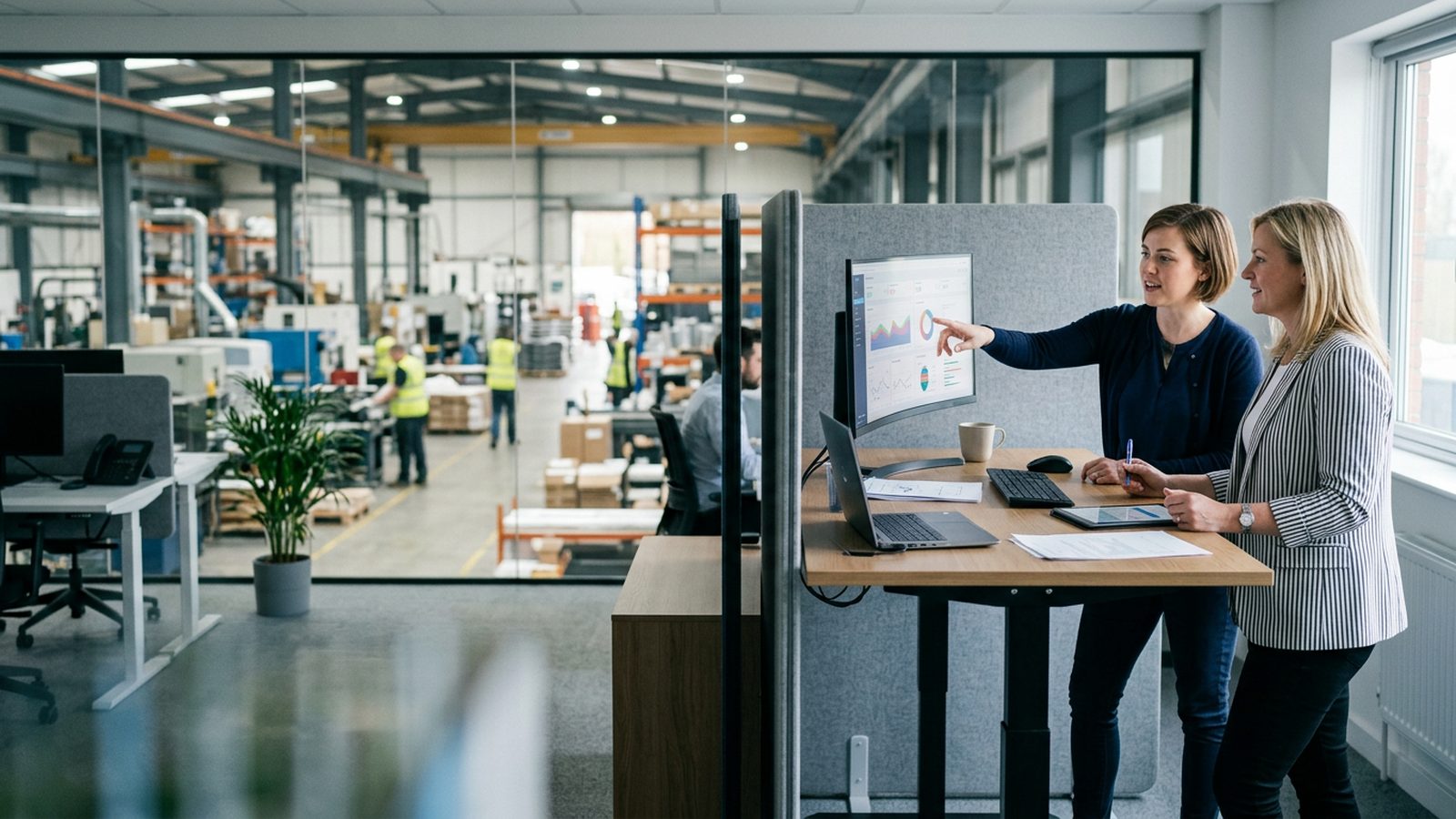 Two colleagues reviewing operational data in Business Central, with the production floor behind them