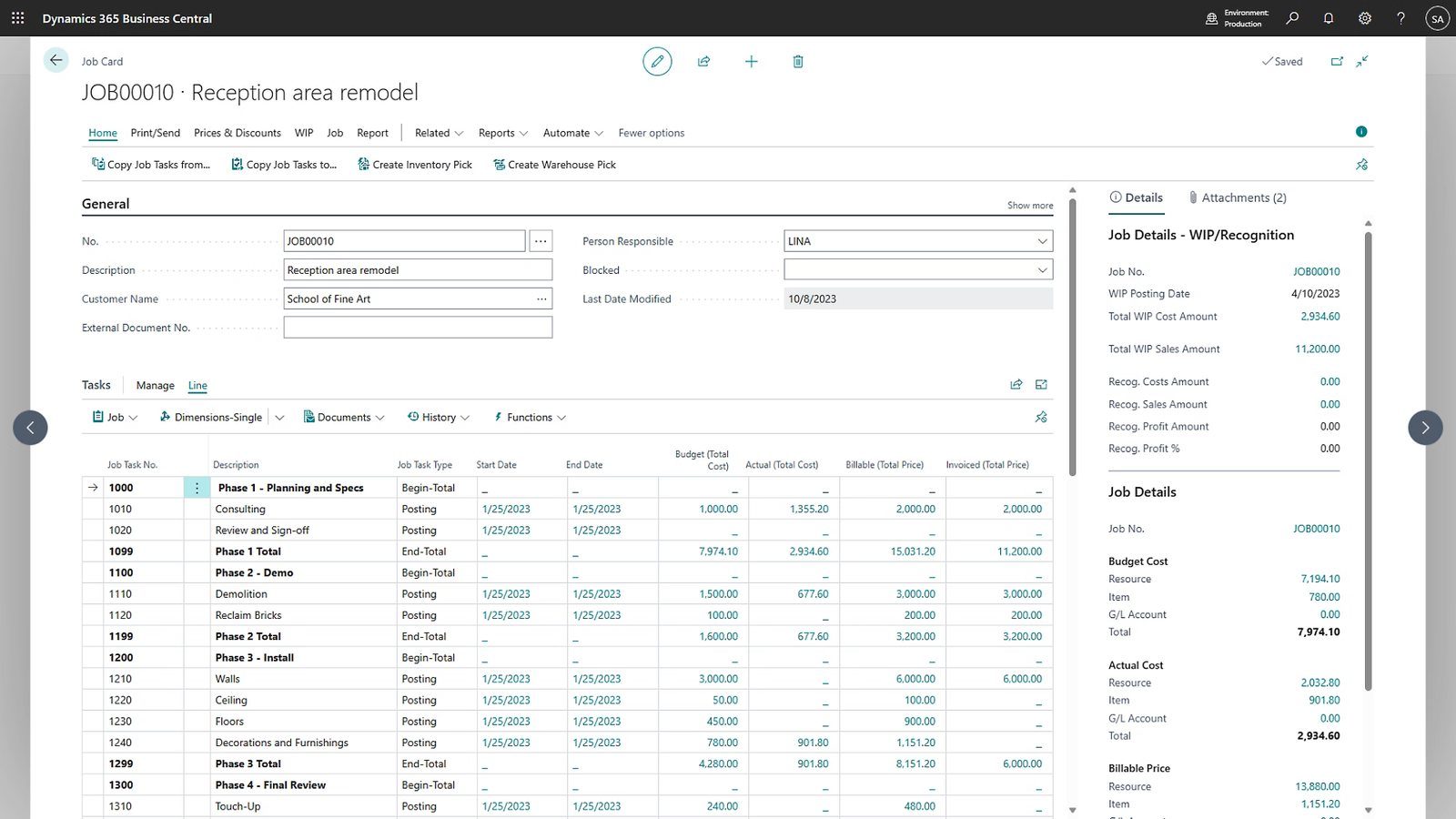 Project and order card in Business Central